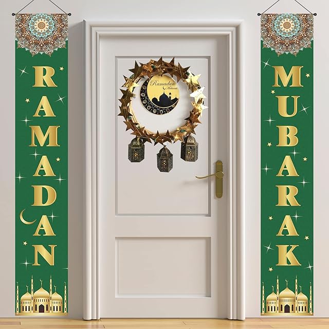 onehous Ramadan Mubarak Banner, Ramadan Mubarak Door Banner, Ramadan Eid Welcome Porch Sign, Eid Ramadan Mubarak Decoration Indoor Outdoor, Muslim Ramadan Kareem Decorations for Home