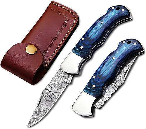 EDC DAMASCUS Navaja de bolsillo hecha a mano de 6.5 pulgadas con bloqueo trasero plegable pequeño para exteriores, camping, senderismo, hecho de