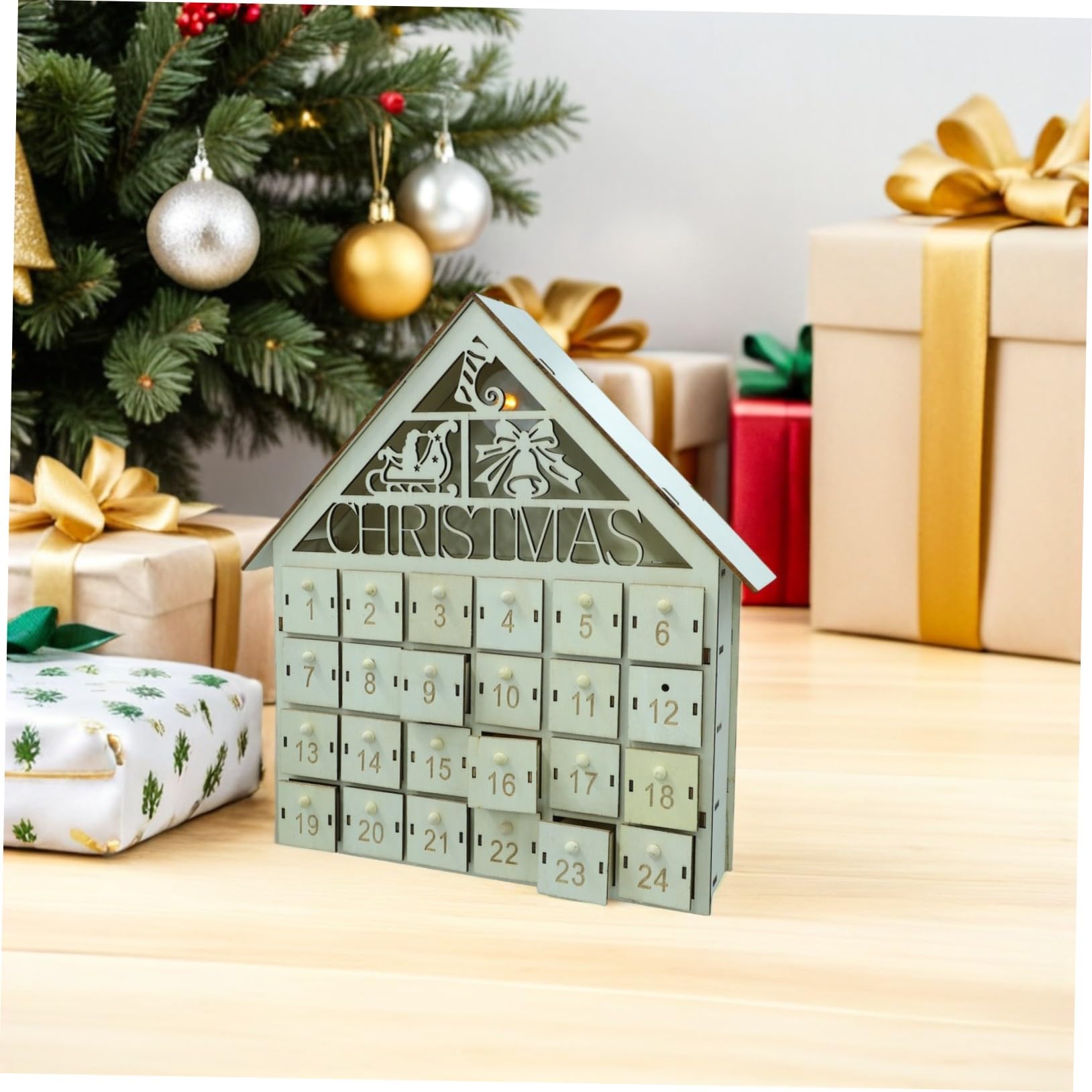 Calendario de Adviento de Navidad de madera con cajones iluminados por LED, reutilizable, rústico, decoración de cuenta regresiva para la familia, bricolaje, festivo, cálido, Navidad, aldea
