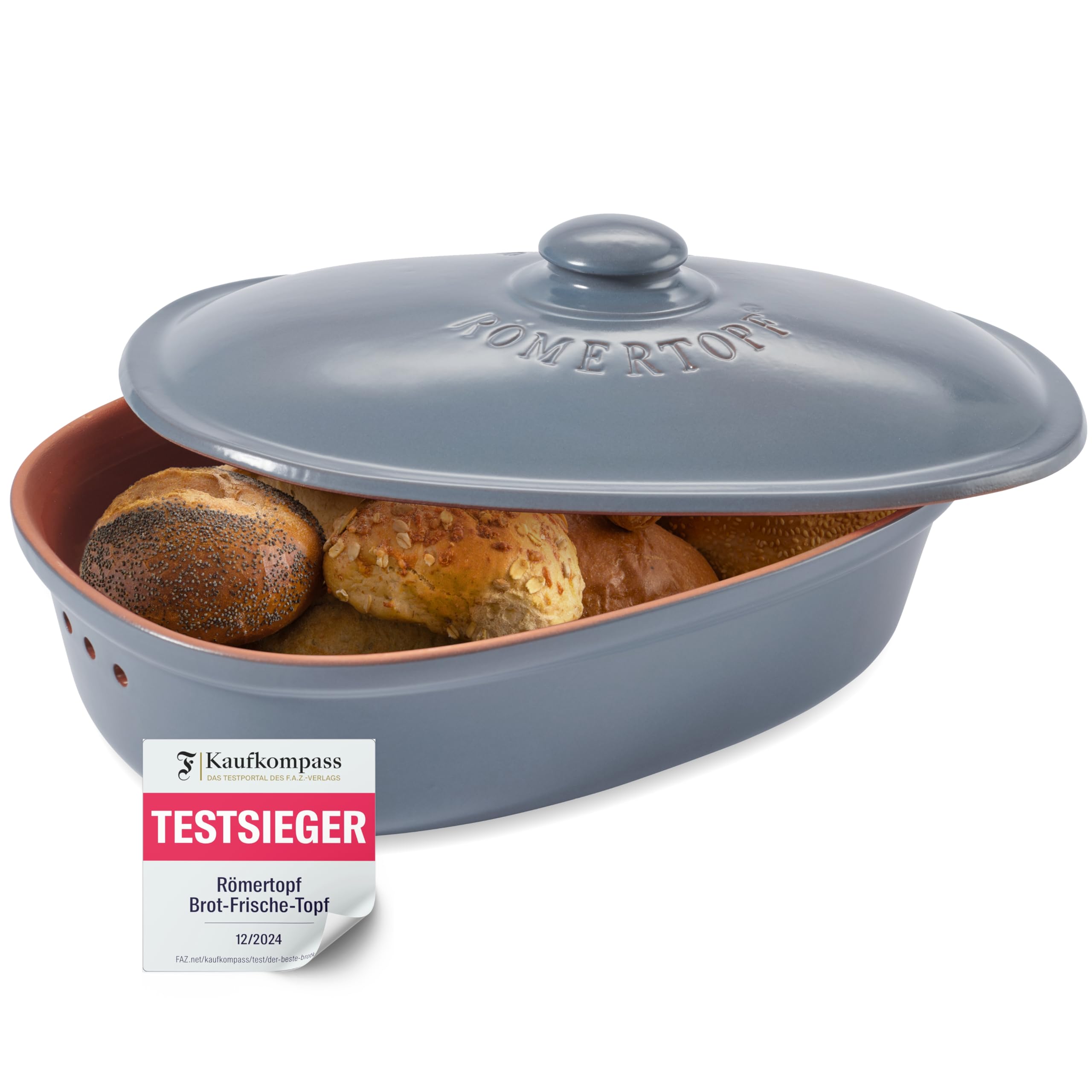 Amazon.de: Rmertopf Brottopf MAXI aus Naturton  Ovaler Brotbehlter zur  Aufbewahrung von Brot & Brtchen  mit Belftung fr lange Frische   splmaschinengeeignet  40 x 28 x 20 cm  blau-grau
