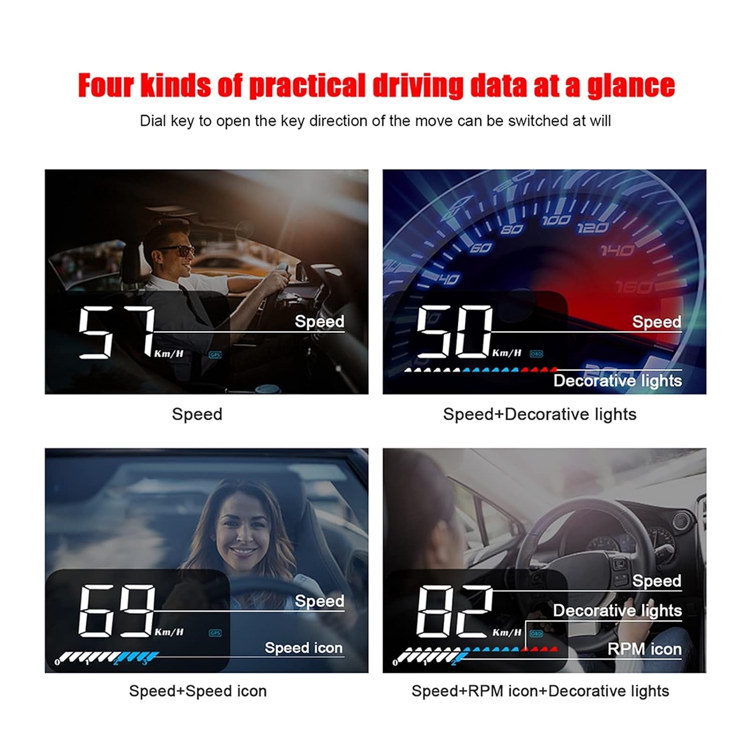Examples of four different driving data displays on the M7 HUD, including speed, decorative lights, and RPM icon.