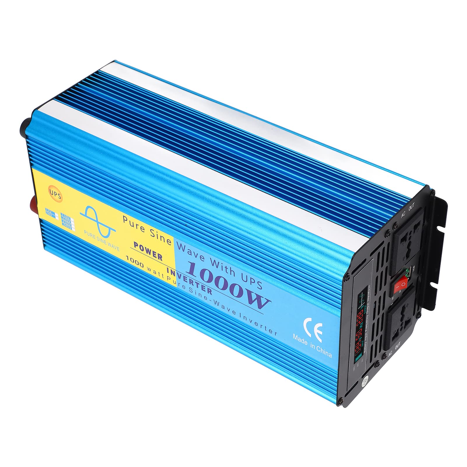 Fafeicy 1000W Falownik Czystej Fali Sinusoidalnej 2000W Szczytowa Moc Falownika Konwerter DC 12V na AC 110V z Wyświetlaczem LCD, Portem USB, Podwójnymi Gniazdami AC do Samochodu, (Wtyczka UE AC230V)