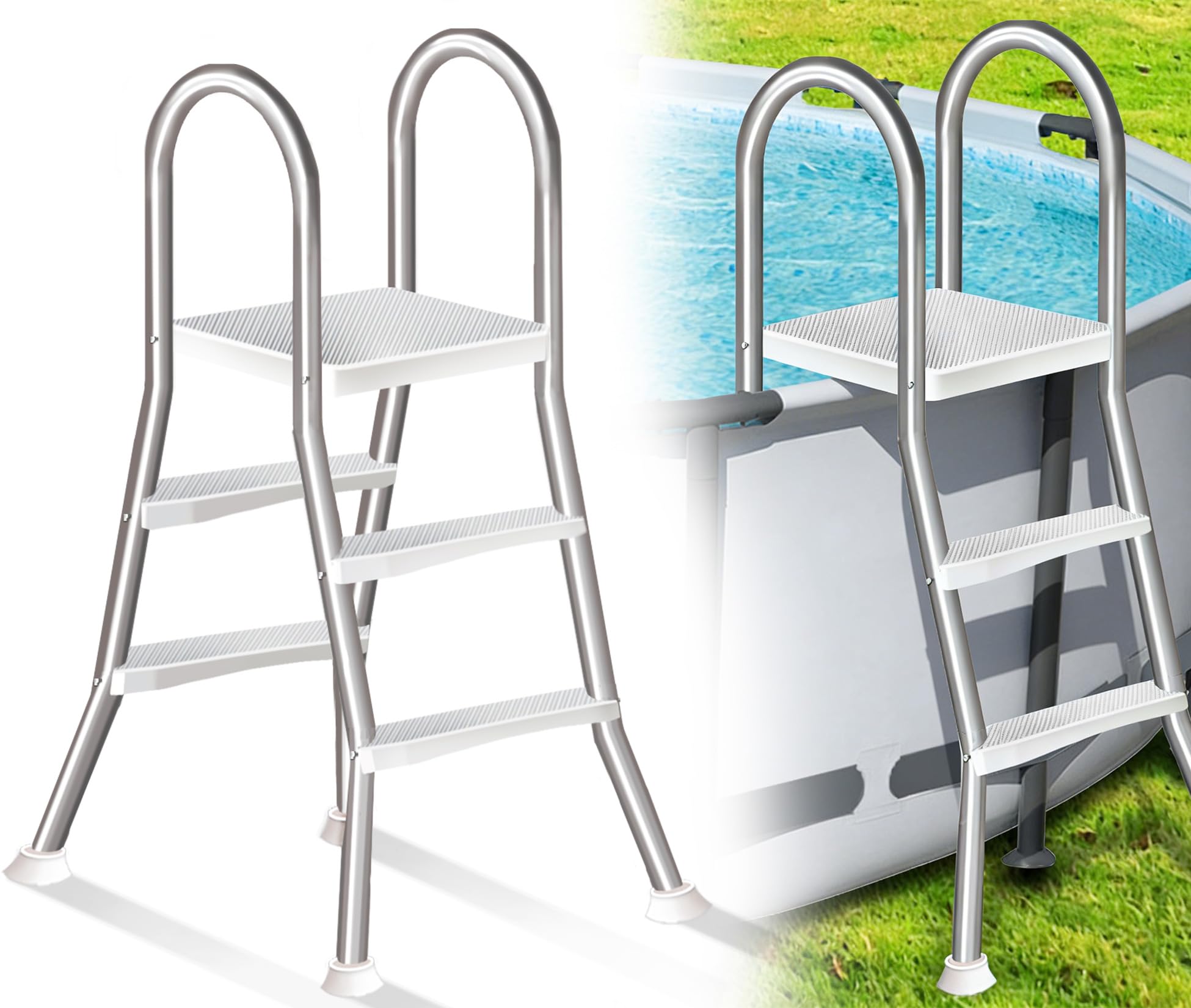 Anti-Slip Above Ground Pool Stairs, Heavy Duty 4 Step Stainless Steel Ladder, Double Handrails, Wide Steps, 250kg Load, Stable Ladder for 135cm Height Pool,85cm
