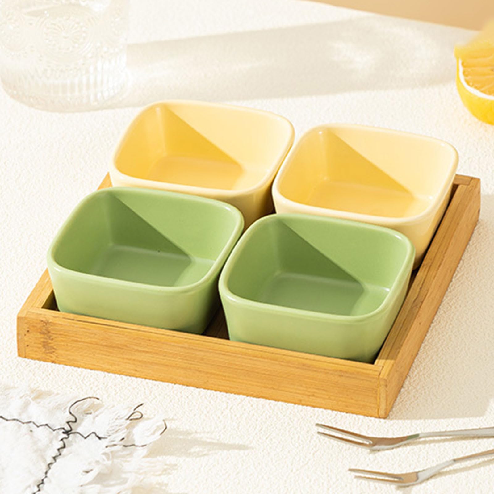 Dxcaicc Ceramic Condiment with Wooden Tray Set,Chip and Dip Serving Dipping Bowls,Appetizers Storage Dishes,Soy Sauce Dish for Entertaining,Dessert,