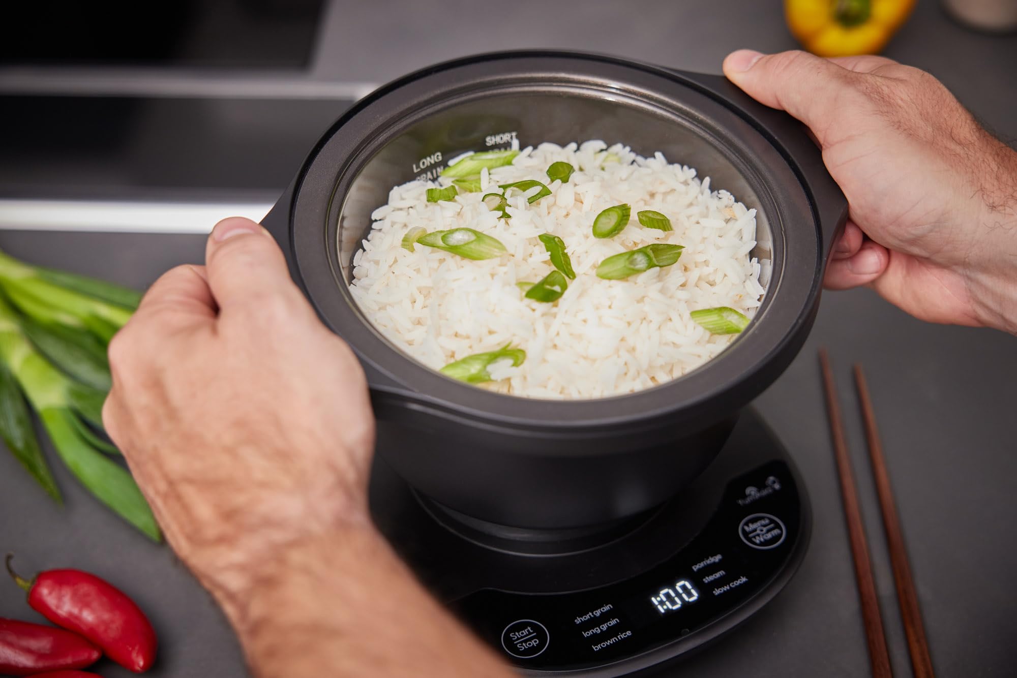 Yum Asia Kotori Mini-Donburi Szybkowar do ryżu z zaawansowaną logiką Fuzzy, ceramiczna miska Ninja (1 filiżanka, 0,18 l), 3 funkcje gotowania ryżu, 3 funkcje wielofunkcyjnego gotowania, wyświetlacz