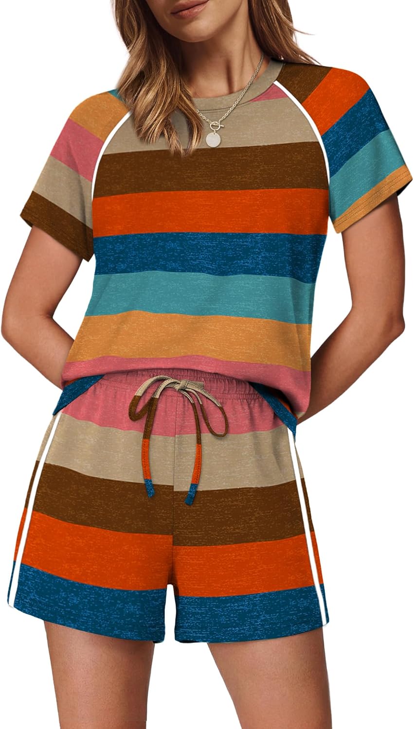 Sampeel Two Piece for Women Short Sets Women 2 piece Lounge Set Vacation Outfits Summer Travel Clothes 2026 Matching Sets Spring Airport Outfits Cruise Wear Fashion Clothing Pajamas Striped Orange M