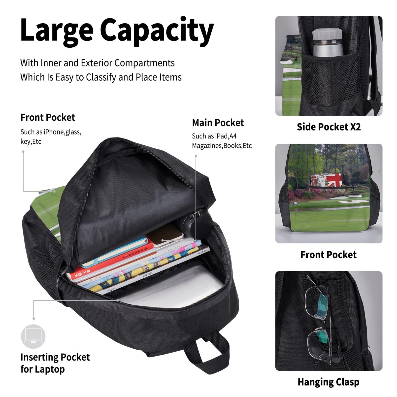Juego de 3 mochilas escolares con estampado de campo de golf, mochila para laptop resistente al agua de gran capacidad con bolsa de almuerzo aislada y estuche para lápices para adolescentes de