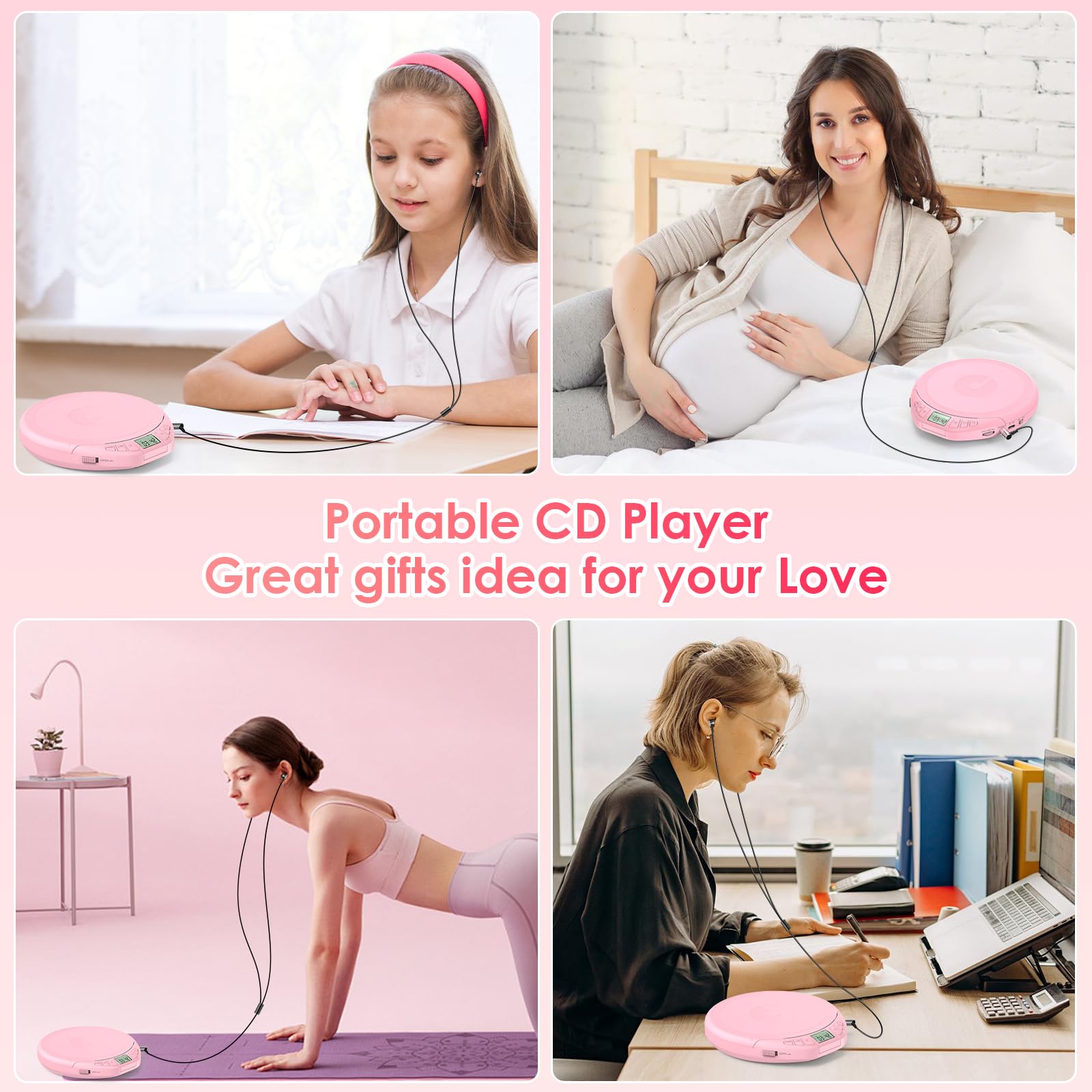 Gueray CD Player Tragbar Kinder Tragbarer CD-Player fürs Auto Discman mit Kopfhörer LCD-Display Unterstützung ASP PROG Speicherfunktion Repeat-Funktion Sound-Effekt Rosa