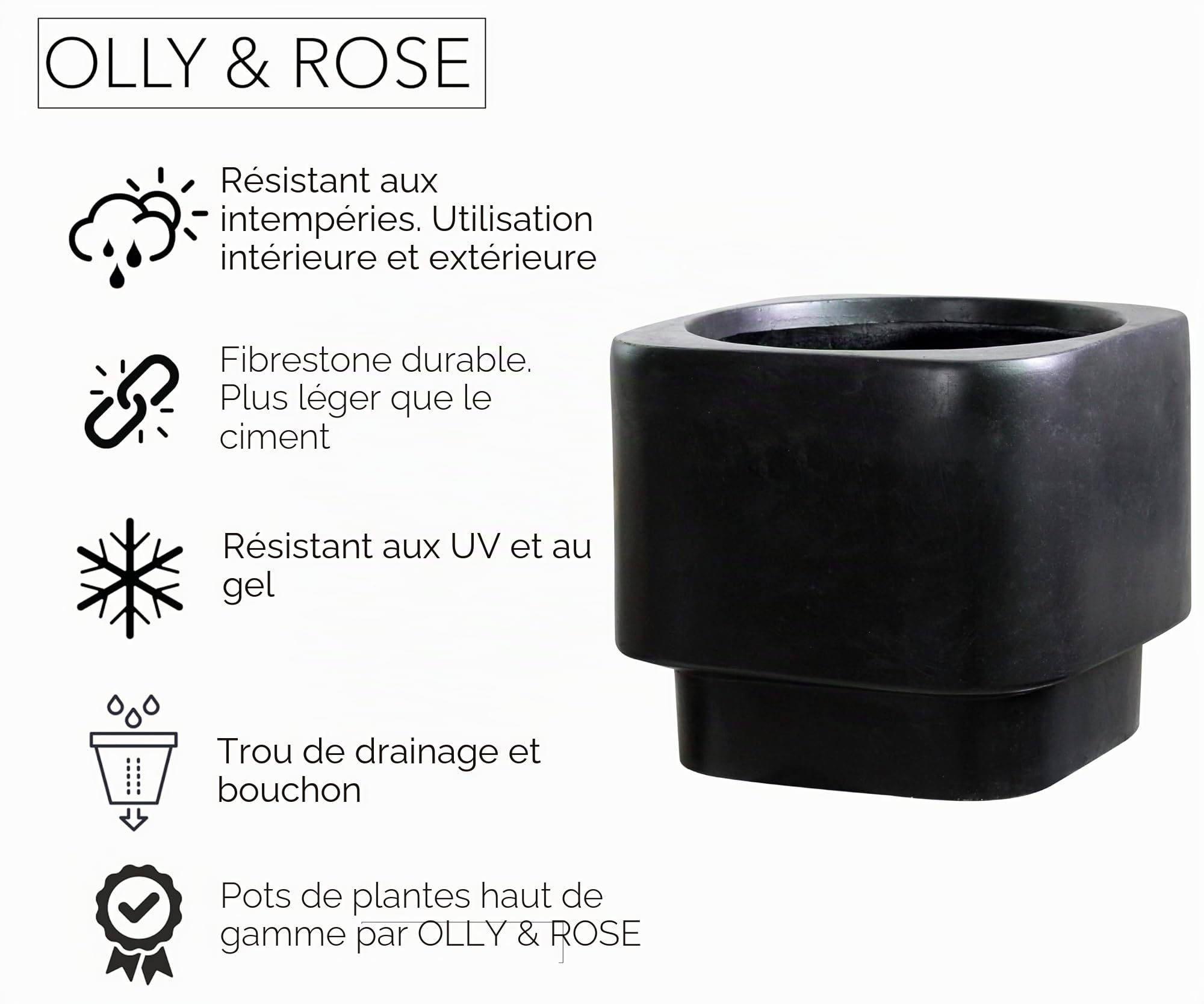 Olly & Rose Pot de plantes Fibretone extra grand 45 cm - Pot de fleurs noir surélevé rectangulaire arrondi pour intérieur et extérieur - Collection Mora