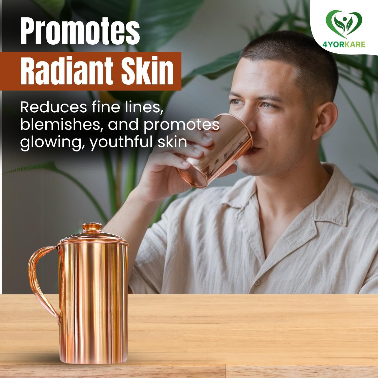 Copper Pitcher with Lid - 1500ml/50 Oz Pure Copper Handmade Jug | Smooth Finish, Boost Hydration, Support Sugar Intake Control & Health Benefits