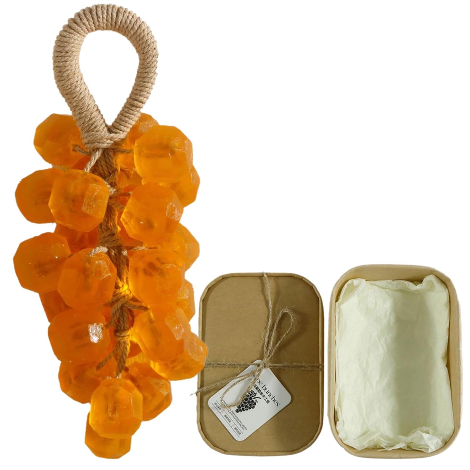 Handmade 25-Piece Grape Soap Cluster on Rope - Gentle Cold Process Cleansing, Decorative Bathroom Decor & Ready-to-Gift Box (Orange Marigold)
