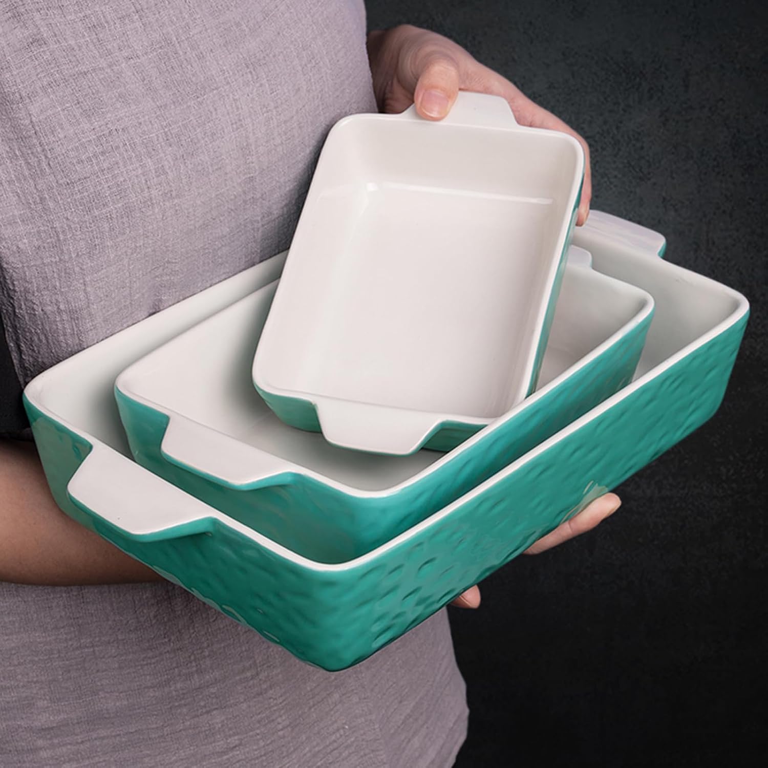 Casserole Dishes for Oven, Ceramic Baking Dishes, Lasagna Pan with Handles, Porcelain Baking Pan Deep, Bakeware for Baking, Cooking, Wedding Gift, Set of 3 (11.6" x 7.8", Aquamarine)