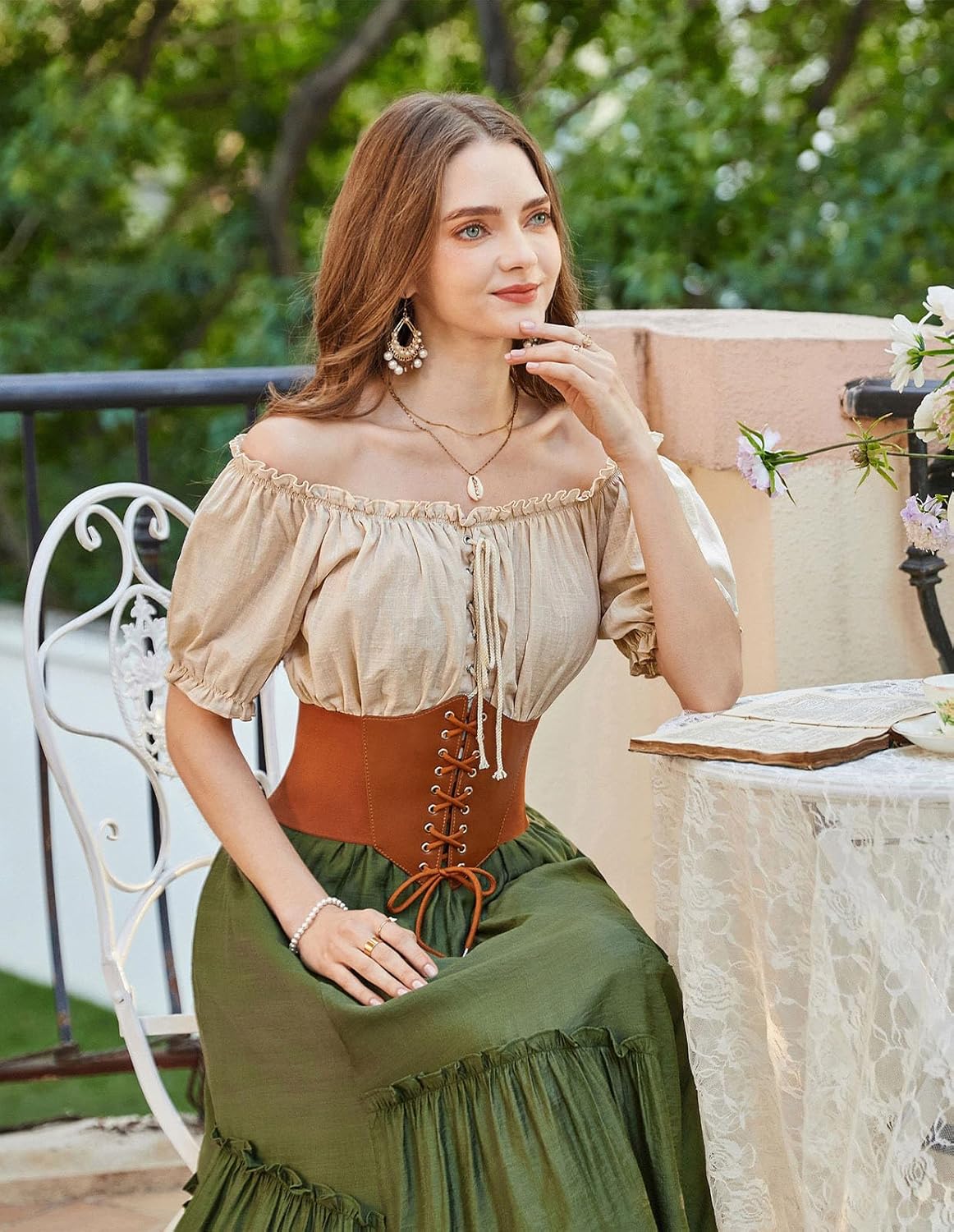 Scarlet Darkness Women Renaissance Off Shoulder Blouse Smocked Waist Pirate Shirt Peplum Tops - Image 5