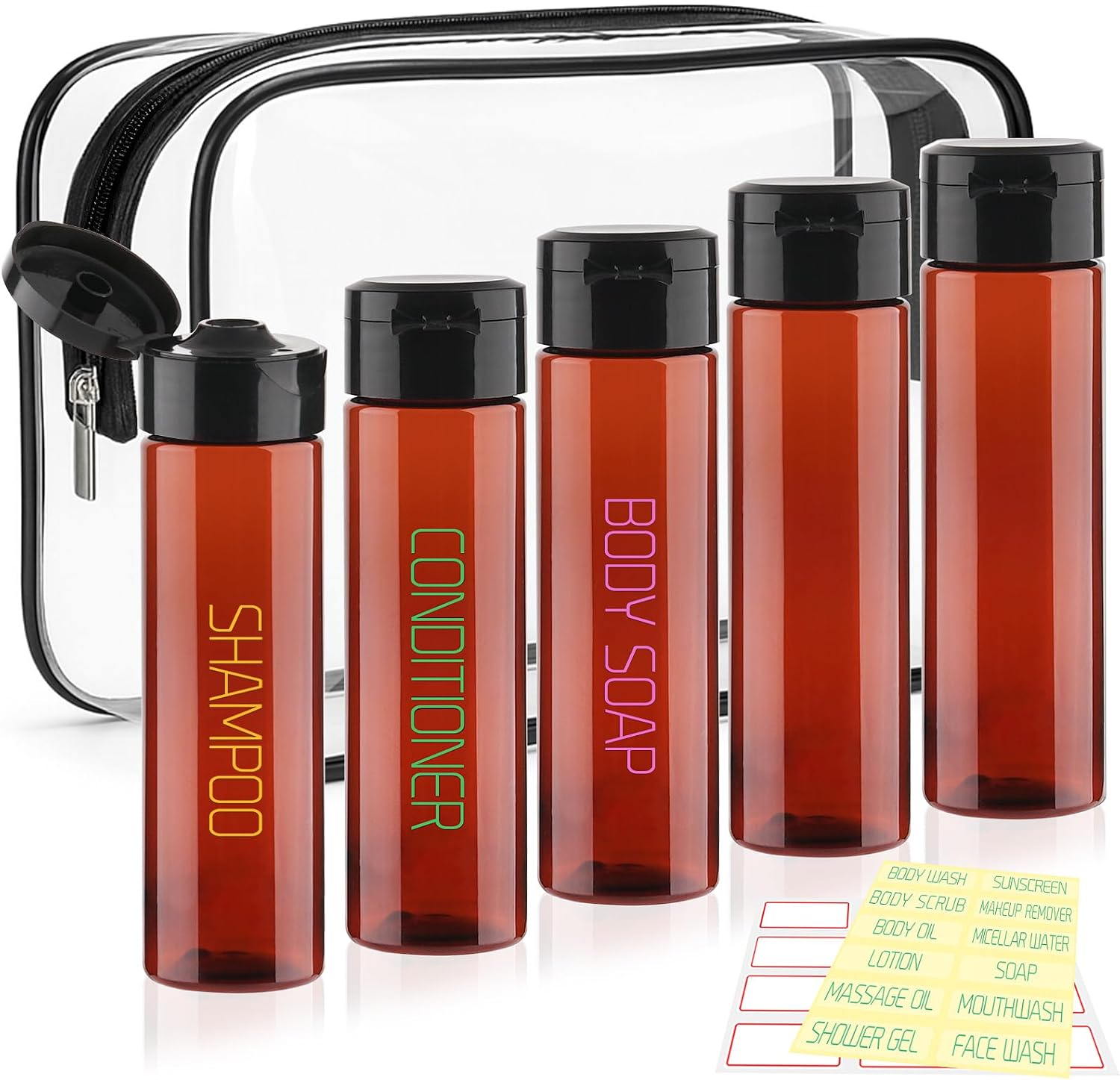 Cosywell Travel Bottles for Toiletries 5 Pack 3.4oz Pre-Printed Travel Size Containers TSA Approved Toiletry Bottles Wide Mouth Leak Proof Squeeze Bottle for Lotion Toothpaste(Clear)