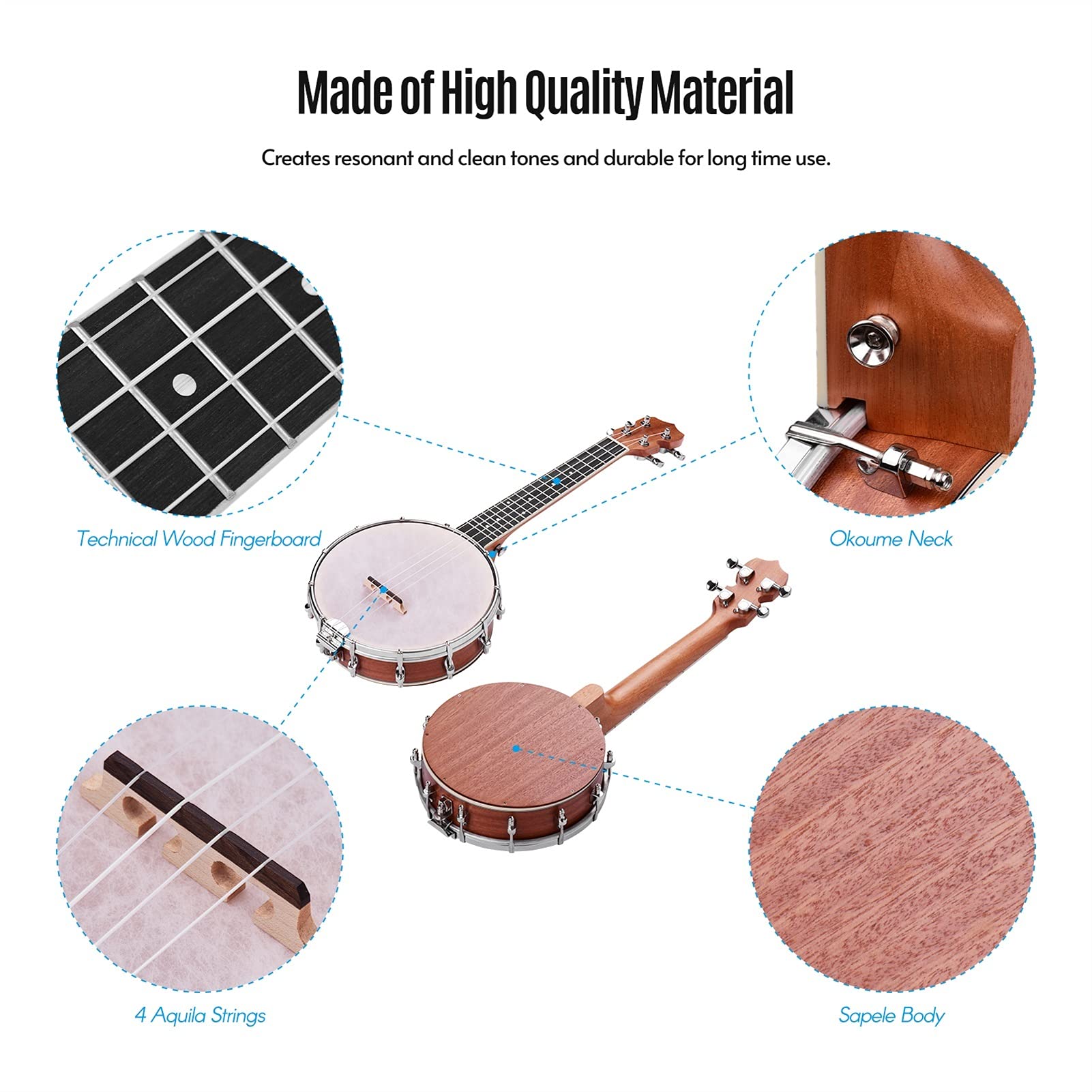 Ukulele 23-Zoll-offener Banjo 4 String Banjo Ahorn Körper Ogome Neckband-Tuning-Schlüsselbrücke Anfänger Ukulele (Color : Tan)