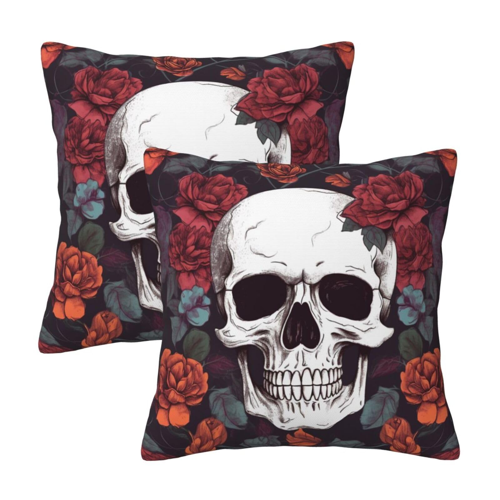 Floral Skull Throw Pillow Cases 2 Pack Square Pillowcases Soft Pillow Protectors for Couch Livingroom Sofa Bed Office Car,30x30 CM