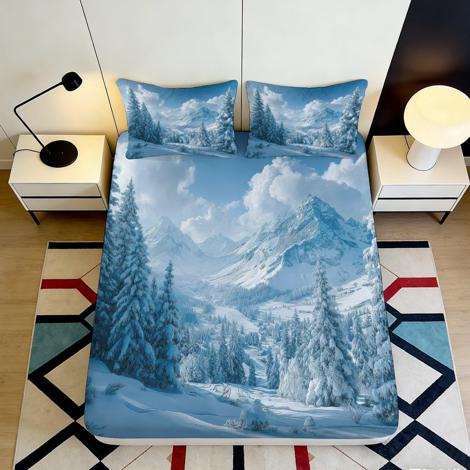 3D Printed Snowy Mountain Fitted Sheet Microfiber Soft Winter Forest Bed Cover for Bedroom Guest Room Decor 140x200x25cm