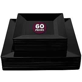 Aya\'s Square Plastic Plates - 6.5/9.5 Black Disposable Plates for Party - Heavy-Duty Reusable Food Grade Plastic - 60 Count - Thick and Durable to Prevent Breaking - Ideal for Events and Gatherings