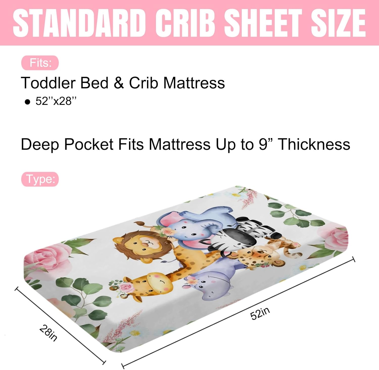 Cute Jungle Safari Animals Tropical Leaves Flowers Baby Crib Sheets 52''x28'' Lion Leopard Elephant Fitted Mattress Cover for Boy Girl Nursery Bed Sheets for Standard Toddler Mattress