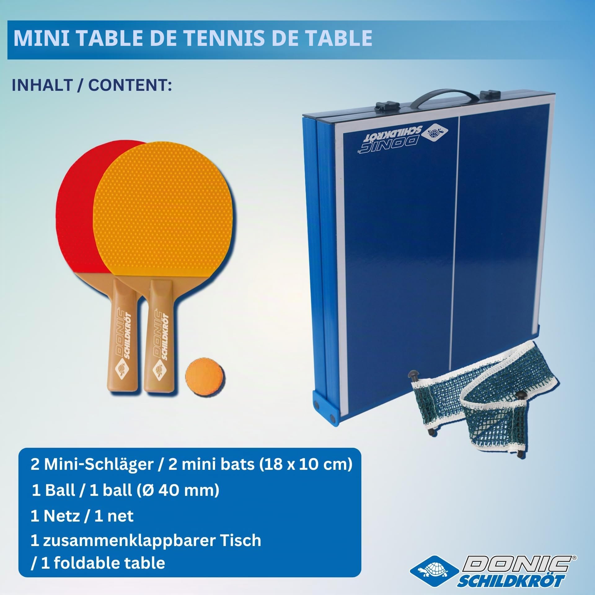 Donic-Schildkröt Mini Table de Ping-Pong, avec 2 Raquettes et 1 Balle, Pliable dans Une Mallette, 838576