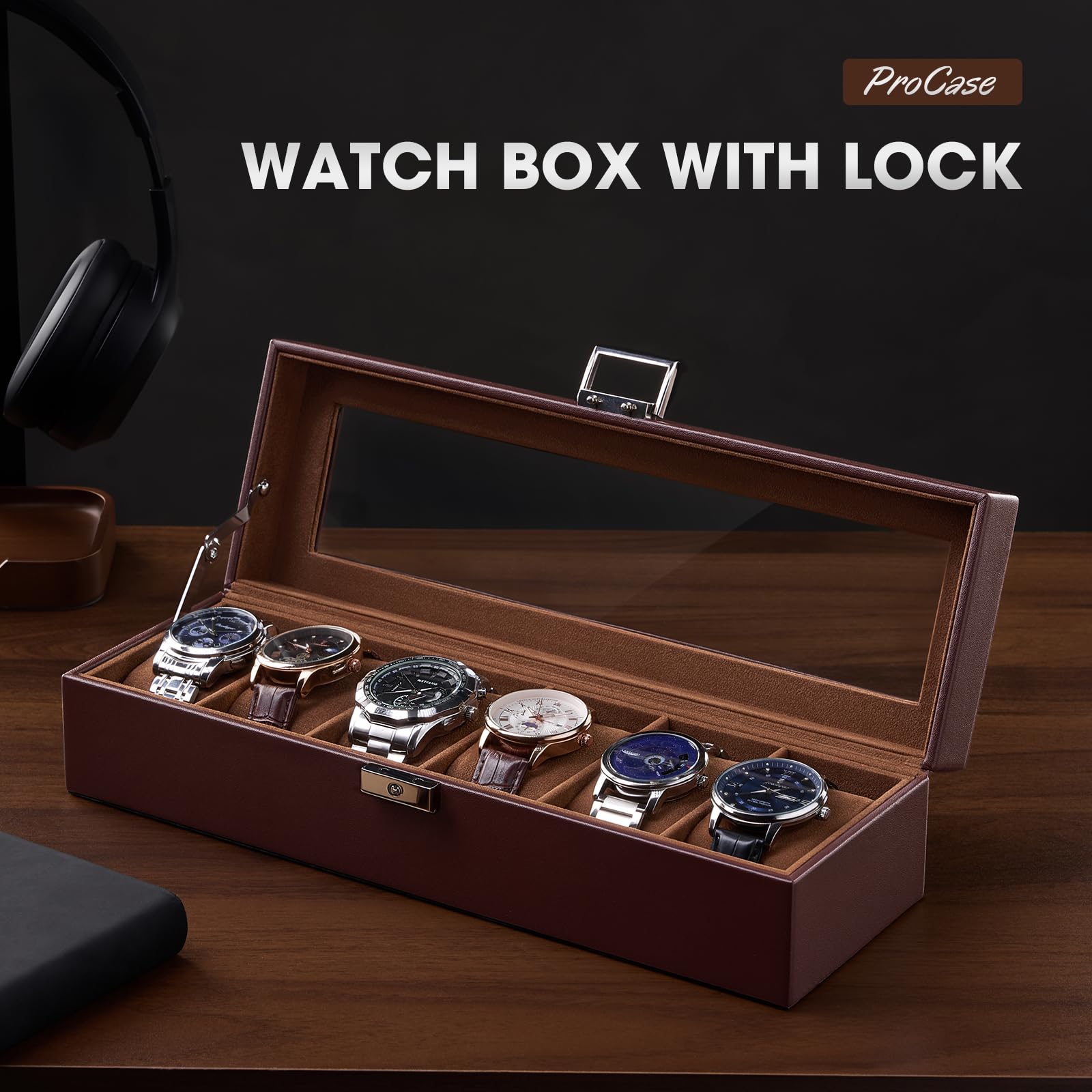 Scatola porta orologi a 6 scomparti per uomo, organizer per orologi da uomo in pelle PU con morbido cuscino, contenitore per collezione di orologi con chiusura a chiave e coperchio in vetro,