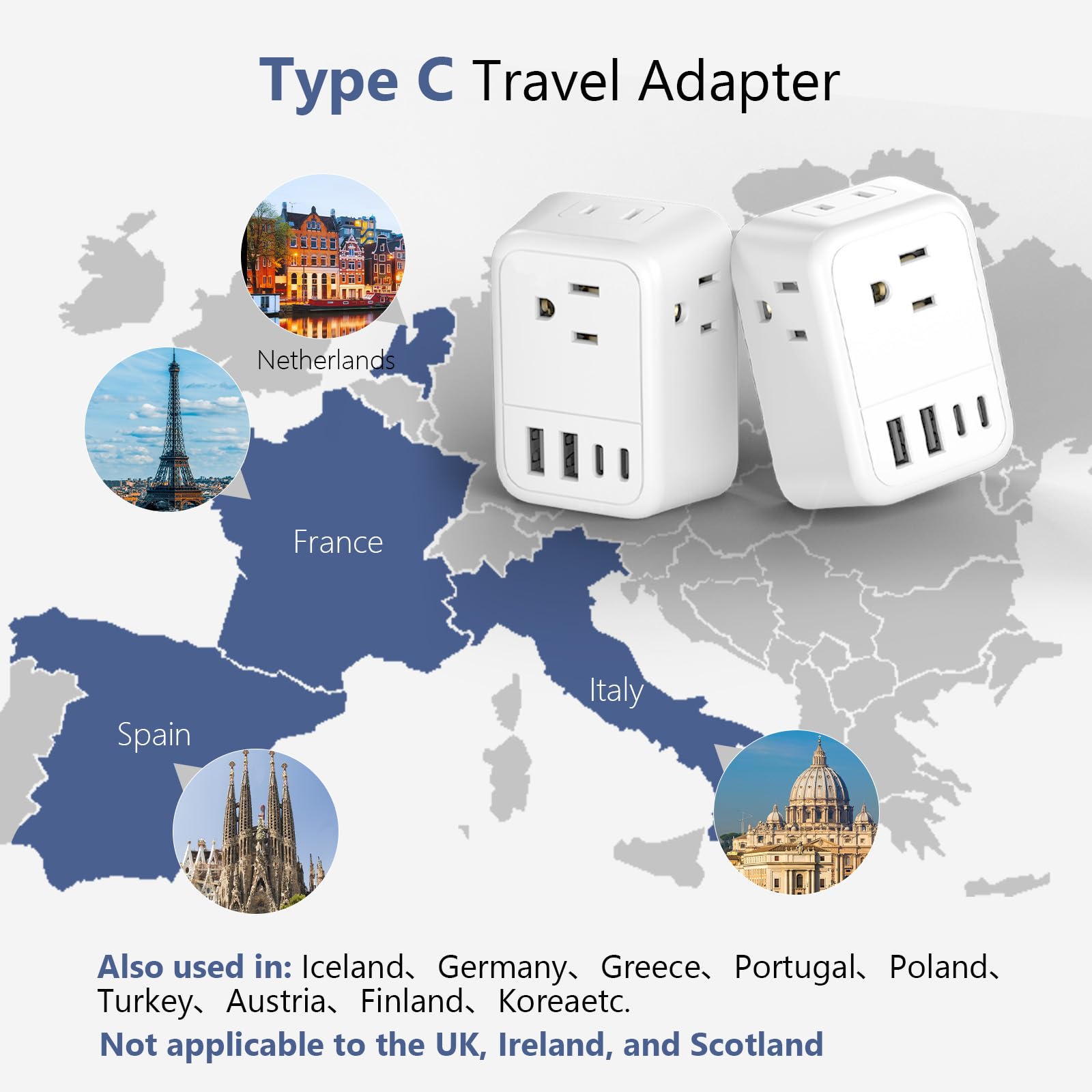 2 Pack European Travel Plug Adapter, FLASHSONIC US to Europe Adapter with 4 AC Outlets 4 USB Charging Ports (2 USB C), Foldable International Power Plug Adapter Travel Essentials to Italy Spain France - 5