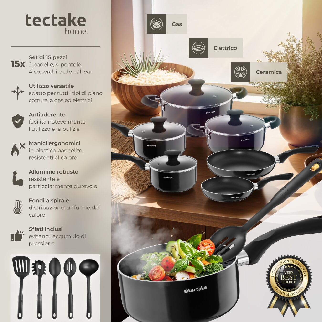 tectake® Set di Pentole Antiaderenti 15 Pezzi, Batteria di Pentole e Padelle in Alluminio Robusto, Coperchi in Vetro con Foro di Sfiato, Batteria Pentole con Manici Resistenti al Calore - Nero