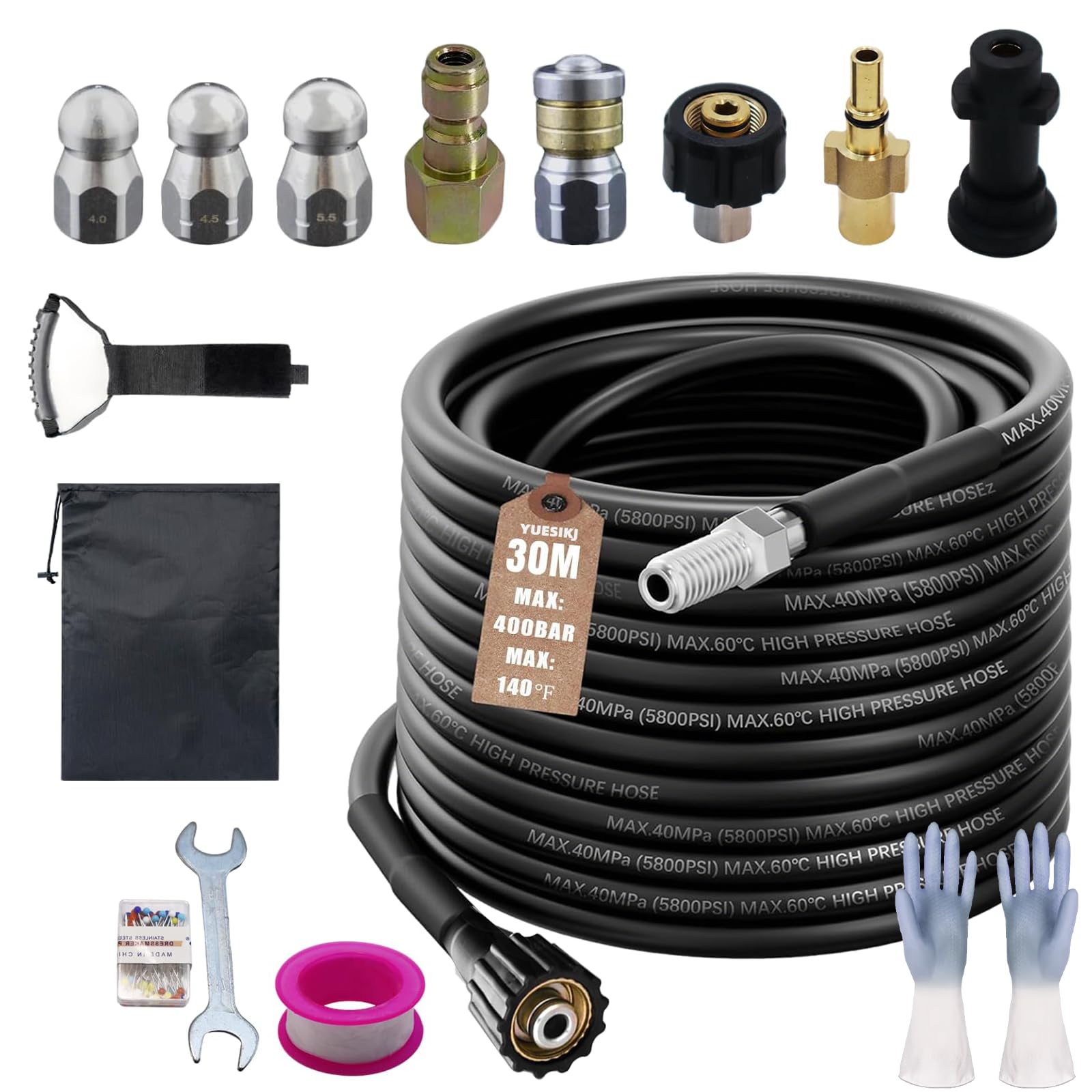 Set di tubi universali per idropulitrici ad alta pressione, 30 m, 5800 PSI/400 bar, con ugello rotante e ugello per flusso d'aria, compatibile con Kärcher K2-K7, Bosch, Lavor, attacco M22, adattatore