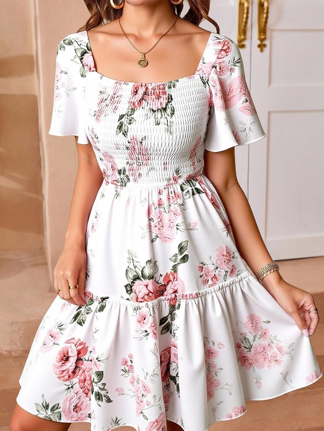 Women's Boho Floral Mini Dress Ruffle Square Neck A Line Flowy Sundress Beach Vacation Clothes - Image 4