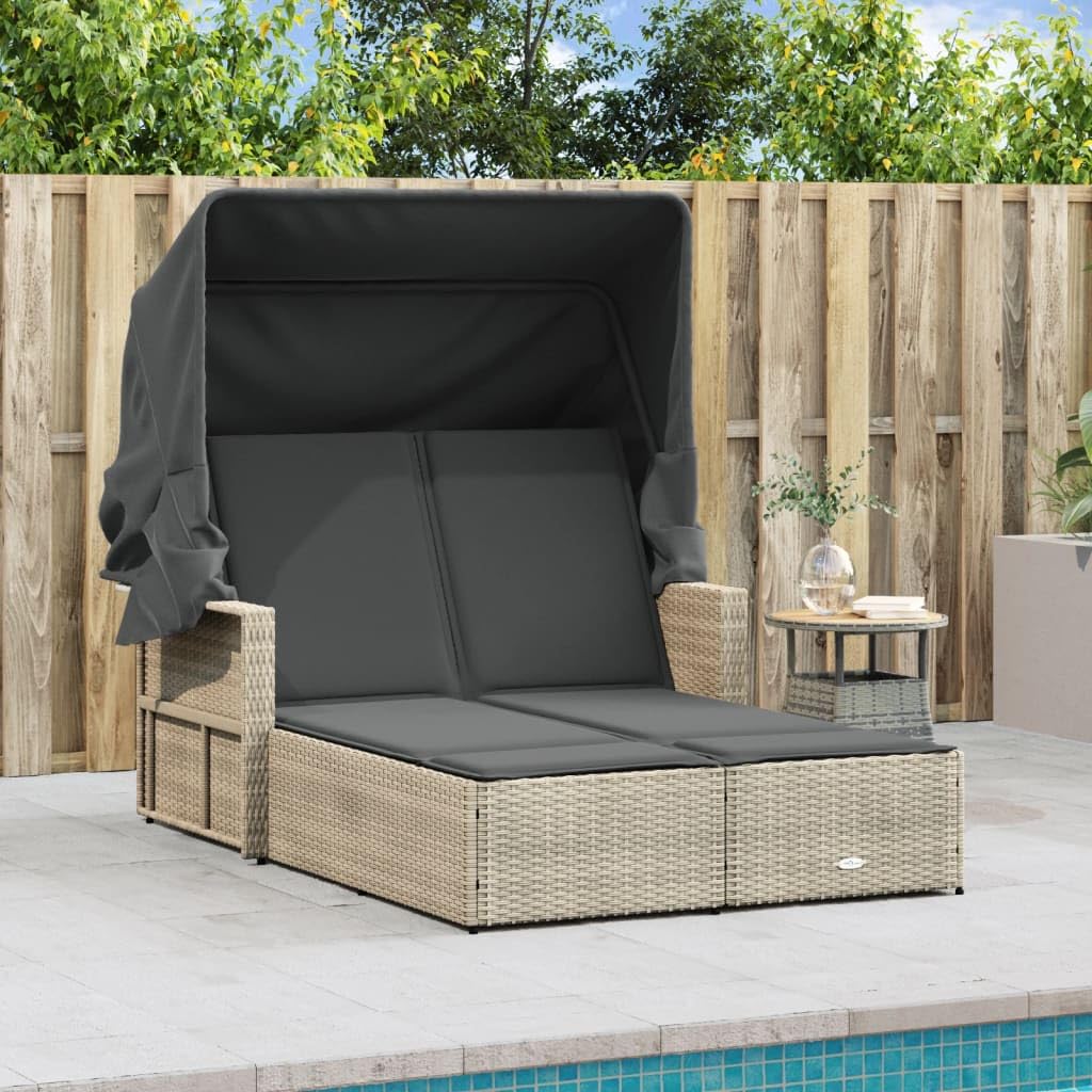 Homgoday Lit double auvent et coussins gris clair polyrorotin, chaises longues, canapé-lit, lit de piscine, lit de jardin