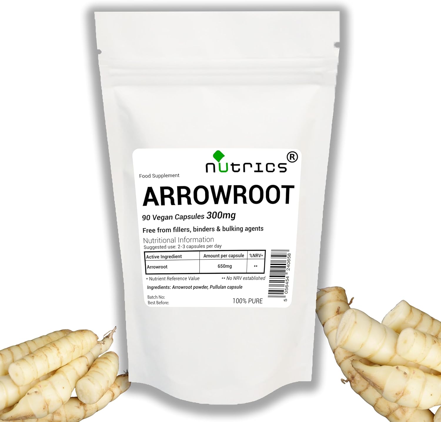 Arrowroot 300mg X 90 V Capsules Prebiotic Dietary Fibre – No Fillers Binders or Bulking Agents – 100% Pure – Suitable for Vegan Vegetarian Diet