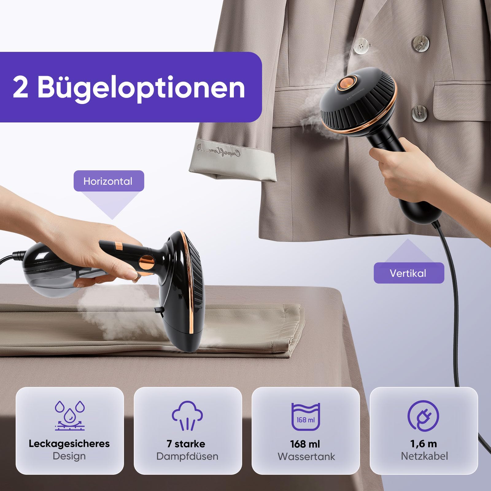 Steamer Dampfglätter - 1500W Steamer, 168ml Wassertank Dampfglätter, Faltenentferner für Kleidung & Clothing, 30s Schnellaufheizung, Bügeleisen 2-in-1 Steamer für Reise & Urlaub