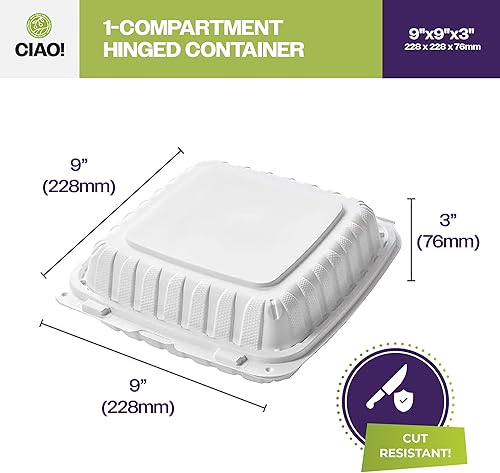 Miniatura 4 de CIAO! Contenedor blanco con bisagras MFPP de 9"x9"x3" con tapa 1 compartimento (caja de 150)