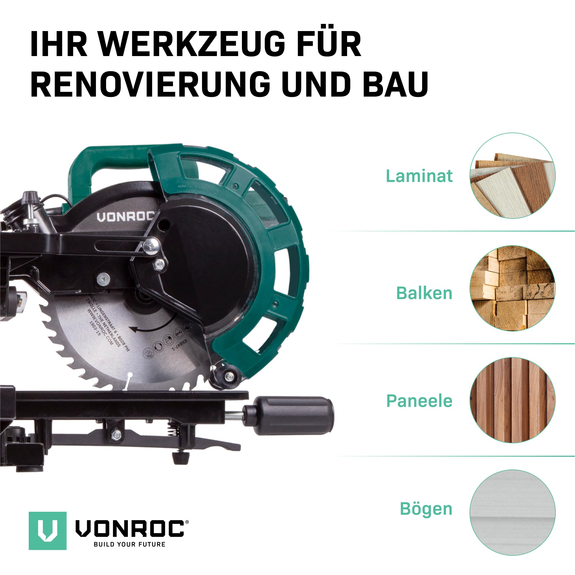 VONROC Kapp- und Gehrungssäge - Elektrische Holzsäge 2000W - 216mm mit Laser & LED, Staubsammelbeutel