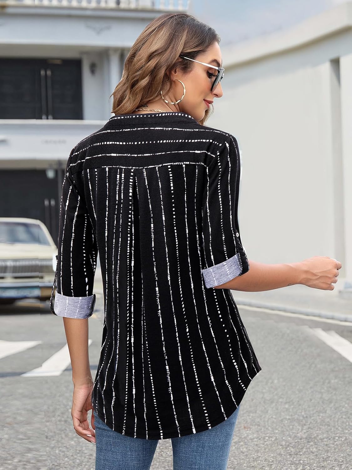 Bulotus 3/4 Length Sleeve Womens Striped Tops Zipper V Neck Collared Blouses Business Casual Tunics 2026 Spring Trendy - Image 5