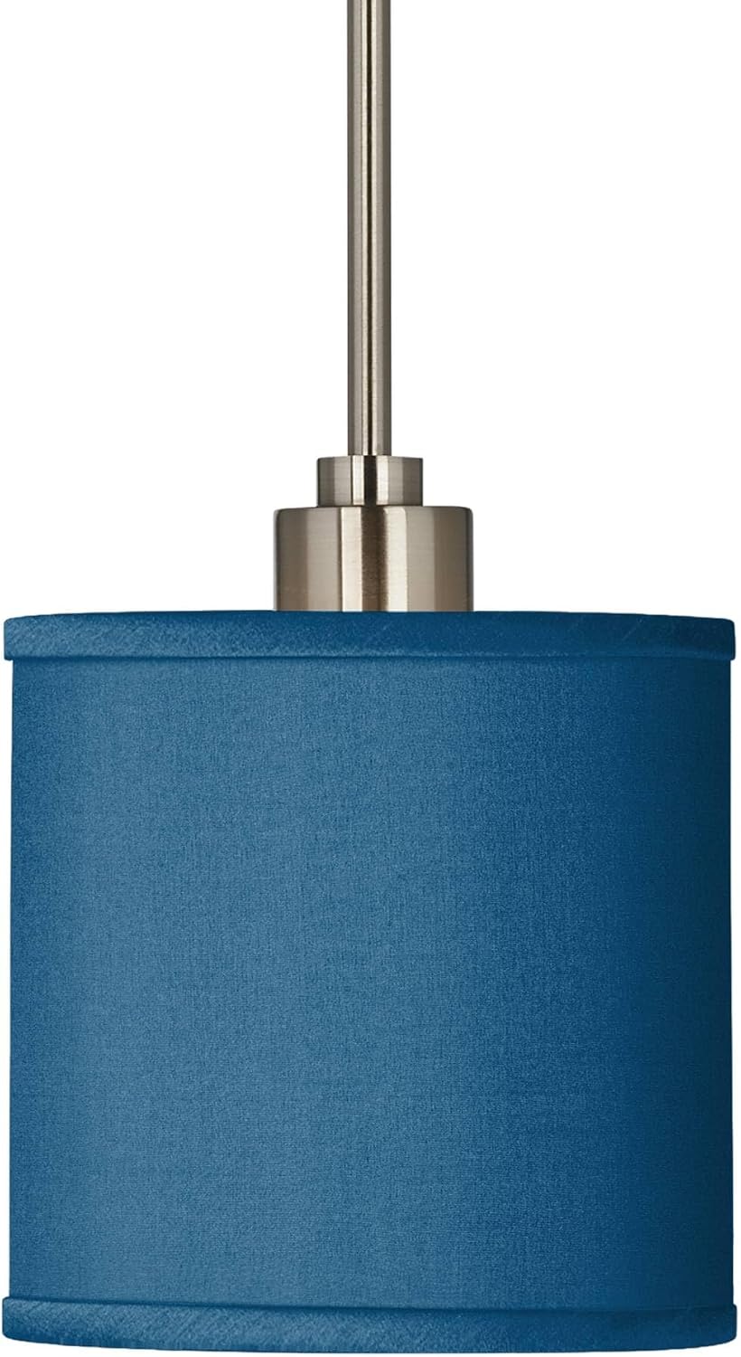 Possini Euro Design Brushed Nickel Silver Mini Pendant Lighting 7" Wide Modern Blue Faux Silk Fabric Drum Shade for Dining Room Living House Home Foyer Kitchen Island Entryway Bedroom High Ceilings