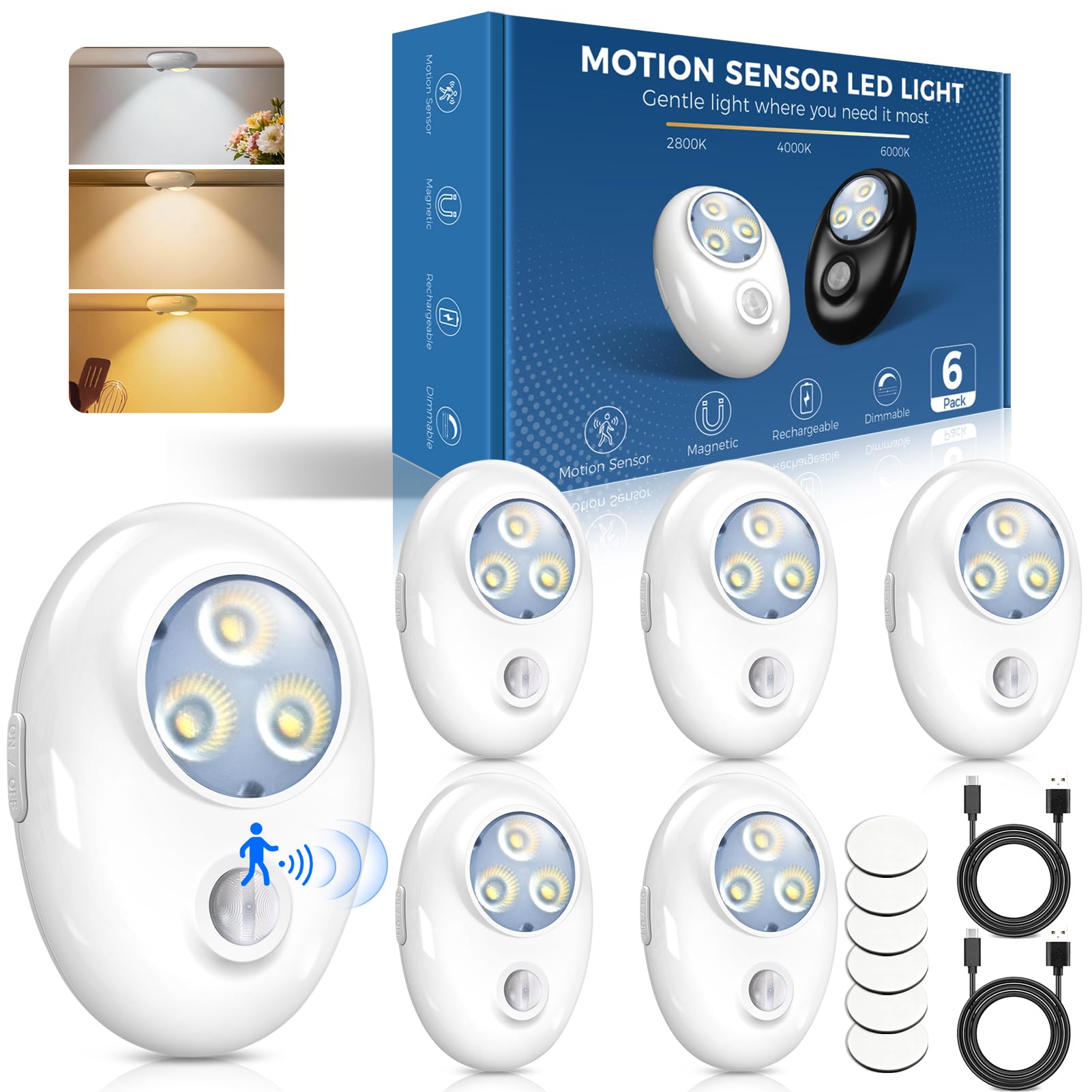 Motion Sensor Lights Indoor, 6 Pack Rechargeable LED Cupboard Lights, Magnetic Stick-On Night Lights with 3 Colour Temperatures, Dimmable Wardrobe Lights for Stairs, Hallway, Closet, Kitchen Cabinet