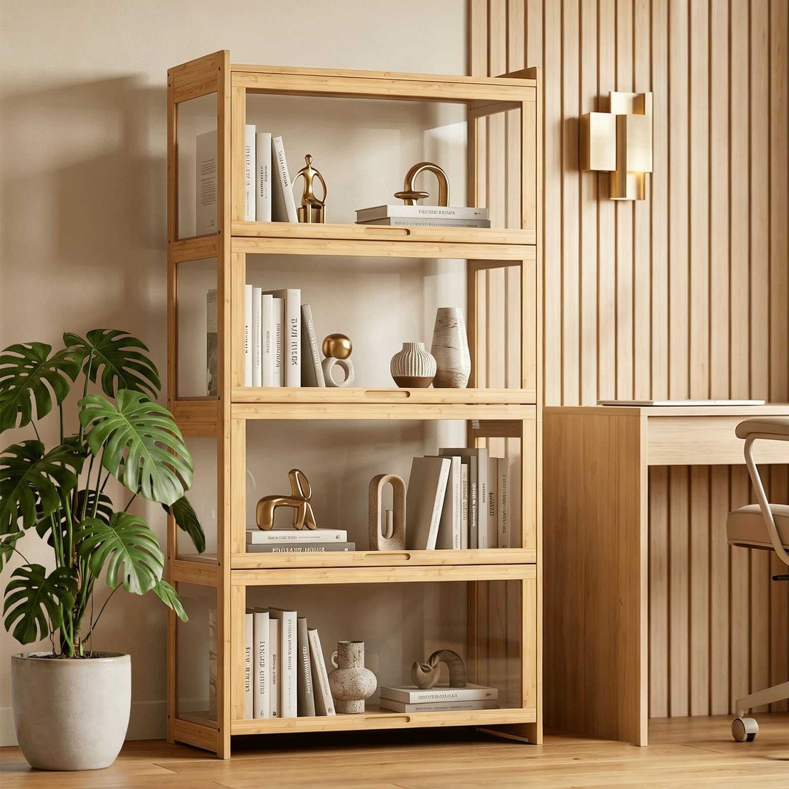 Magshion Vitrina de acrílico de 4 niveles con puerta, estante transparente de pie, estantería de exhibición de 27.5 pulgadas de largo x 13.5 pulgadas de ancho x 55 pulgadas de alto, color natural