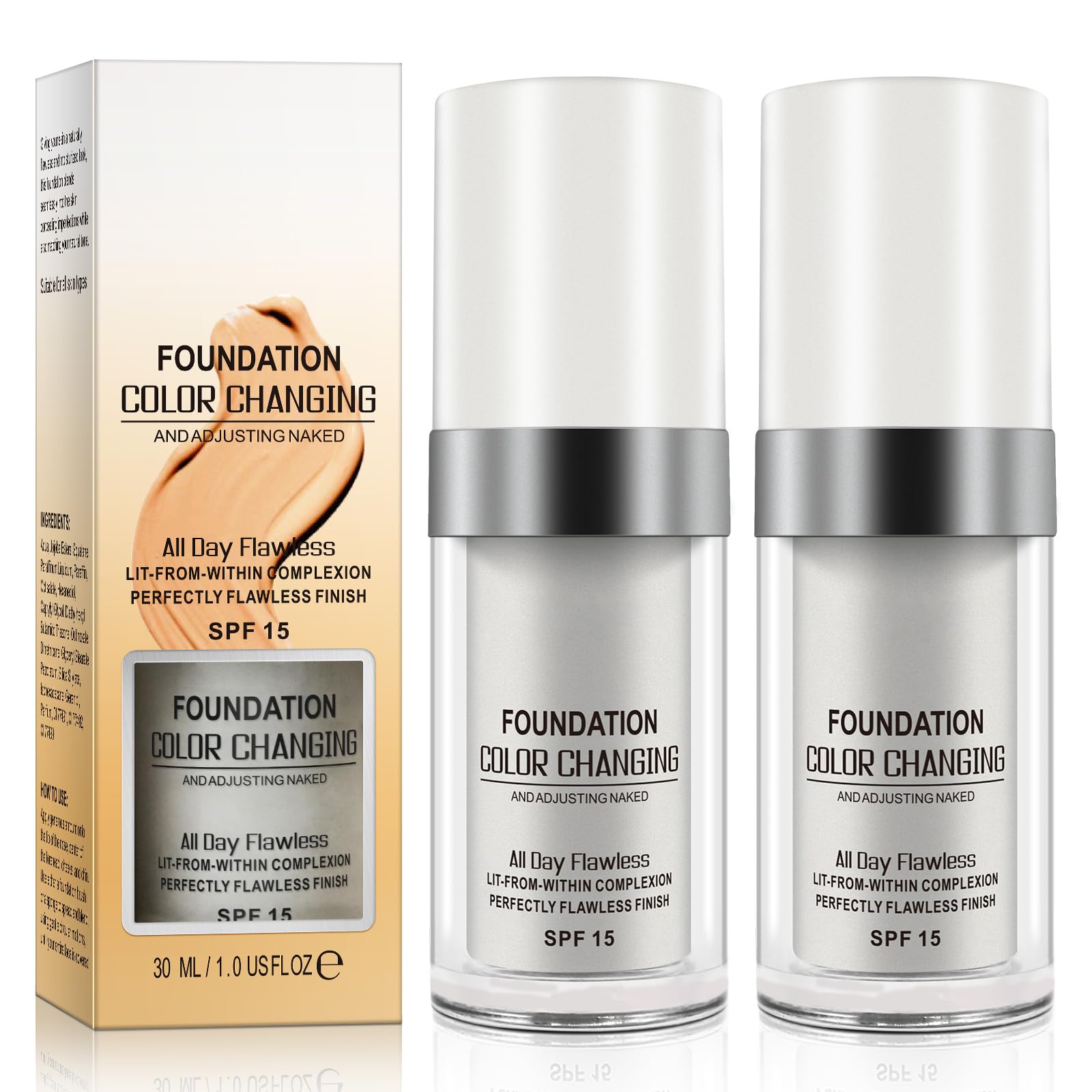 2 Pack Color Changing Foundation, Farbwechselnde Foundation, Concealer Abdeckung Makelloses Color Changing Foundation Grundierung Versteckt Falten und Linien SPF15, Farbwechsel Grundierung Warm Skin