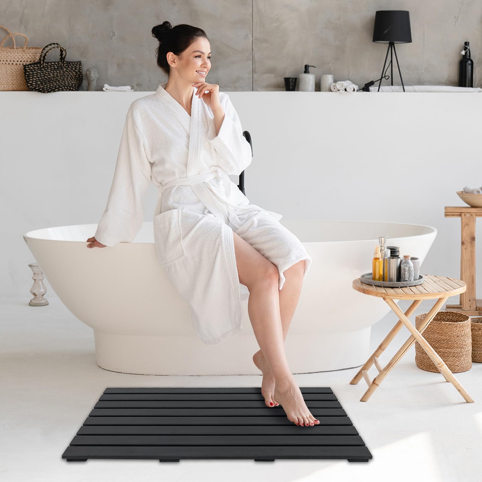 RELAX4LIFE Pedana Doccia 100 x 60 cm, Pedana da Bagno in WPC, Tappetino da Doccia Antiscivolo, Finitura Effetto Legno, per Vasca e Piscina