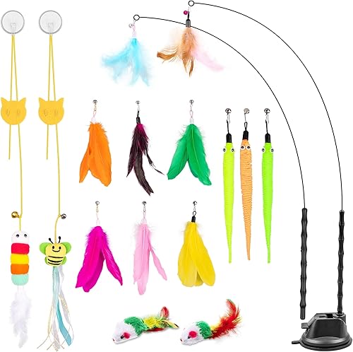 Depets Juguete de varita para gatos, 15 piezas interactivas de plumas de gato para jugar y hacer ejercicio en interiores, 2 modos de juego, varita