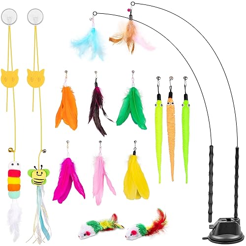 Depets Cat Wand Toy, 15 Pcs Interactive Cat Feather Toys for Indoor Self Play & Exercise, 2 Play Modes Kitten Teaser Wand, Reusable Suction Cup Kitten Toys - 15 packs