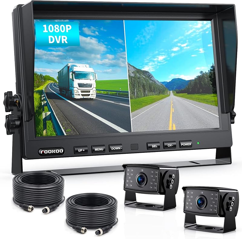 Fookoo HD 1080P Dual Wired Backup Camera: 10-inch Dual Split Screen Monitor | IP69 Waterproof Front Rear View Cameras Loop Record Night Vision Parking Lines for Truck, Trailer, Box Truck, RV, Van - DY102