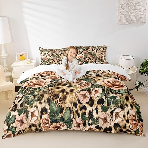 Miniatura 33 de Juego de funda de edredón con estampado de leopardo marrón, tamaño matrimonial, decoración de habitación para niños, niñas y mujeres, funda