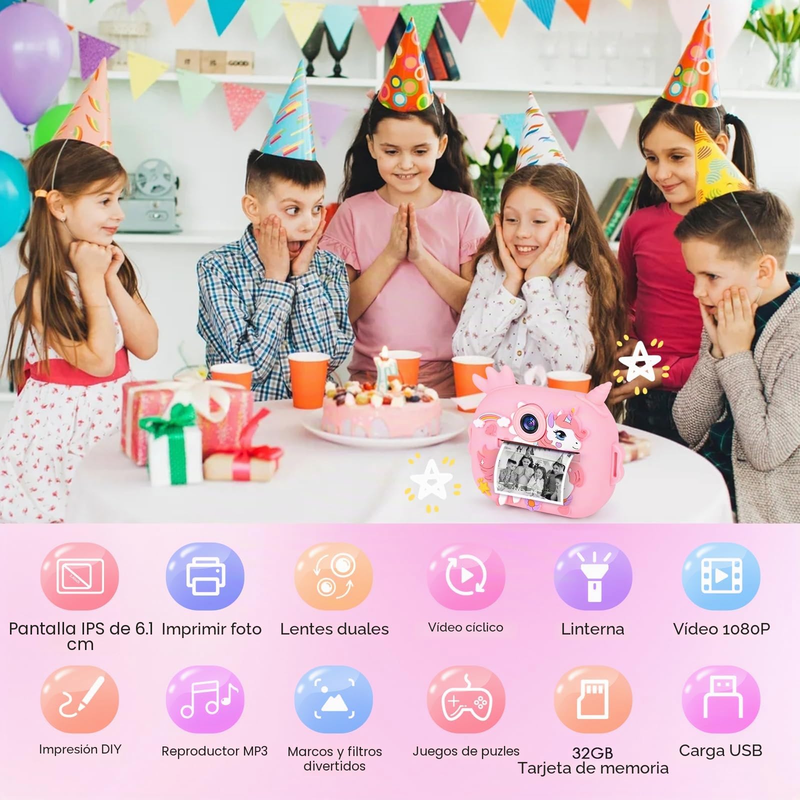 Camara Fotos Infantil Instantanea, Ambesty Camara Fotos Infantil, 2.4" HD Cámara Instantánea con Tarjeta 32GB y Papel de Impresión, 1080P HD Video Cámara, Regalos para Niños y Niñas de 3-12 (Rosa)