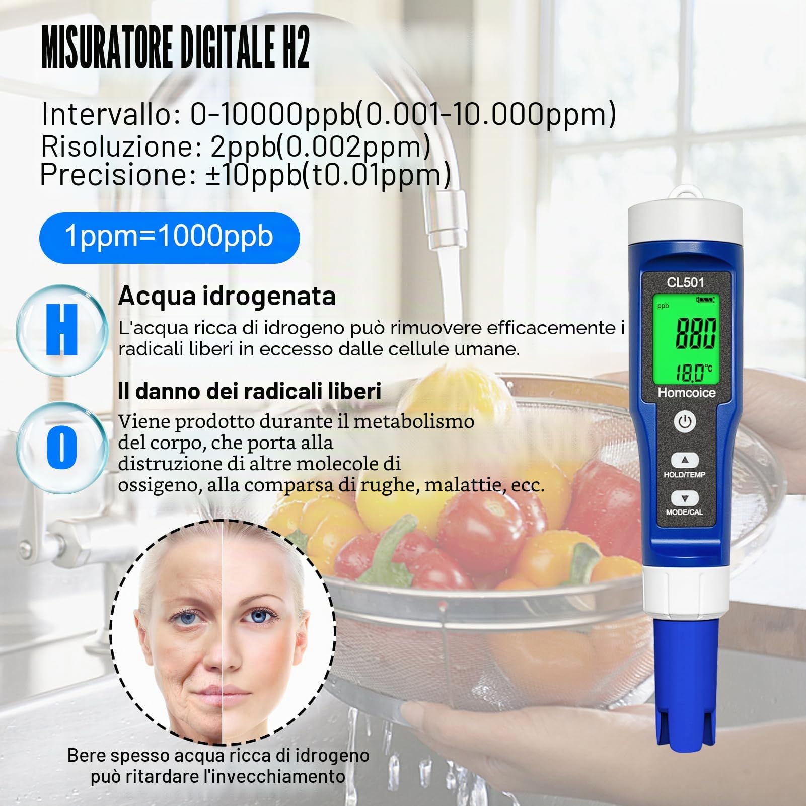 Misuratore pH Cloro Piscina 5 in 1, misurazione accurata pH Cloro ORP H₂ (ricco di idrogeno) Temperatura Meter, Tester Qualità Acqua per acqua potabile, acquario, idroponica