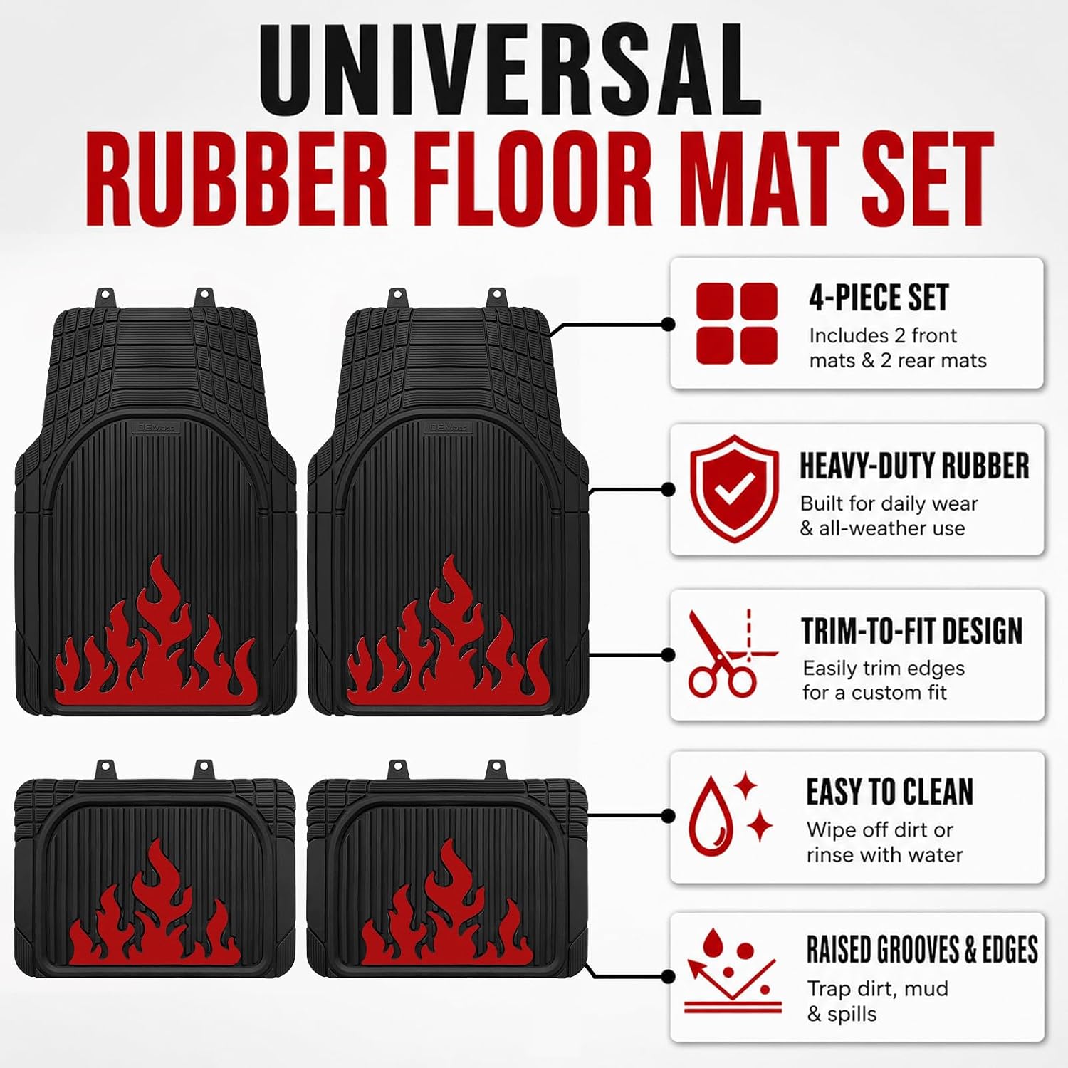 Heavy Duty Rubber Car Mats Flame Design (Inferno Red), 4-Piece Deep Waterproof Floor Mats Set (Front & Rear Full Set), All Weather Universal Trim to Fit Automotive SUV Sedan Truck