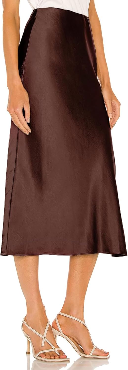 BOMAROLAN Women's Satin Midi Skirt High Waist Solid Silky Skirts for Women Elasticized Waistband A-Line Slit Midi Skirts - Image 2