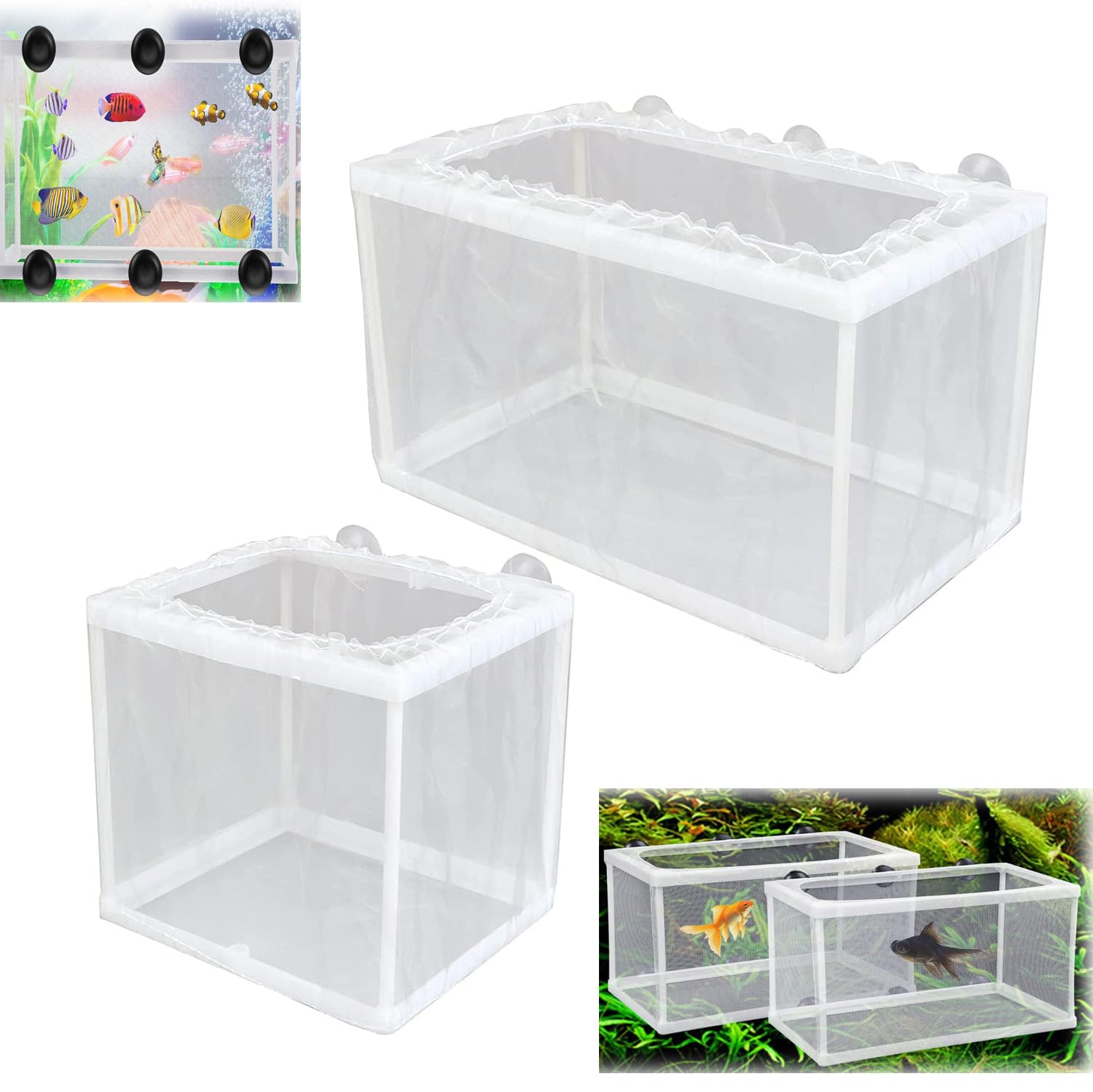 Azonee 2 Size Aquarium Fish Breeder Box, Fish Isolation Box, Aquarium Separation Net Nylon Incubator Mesh, Separation Net Plastic Frame Breeder Box Fry Hatchery Box with Suction Cup for Aquarium