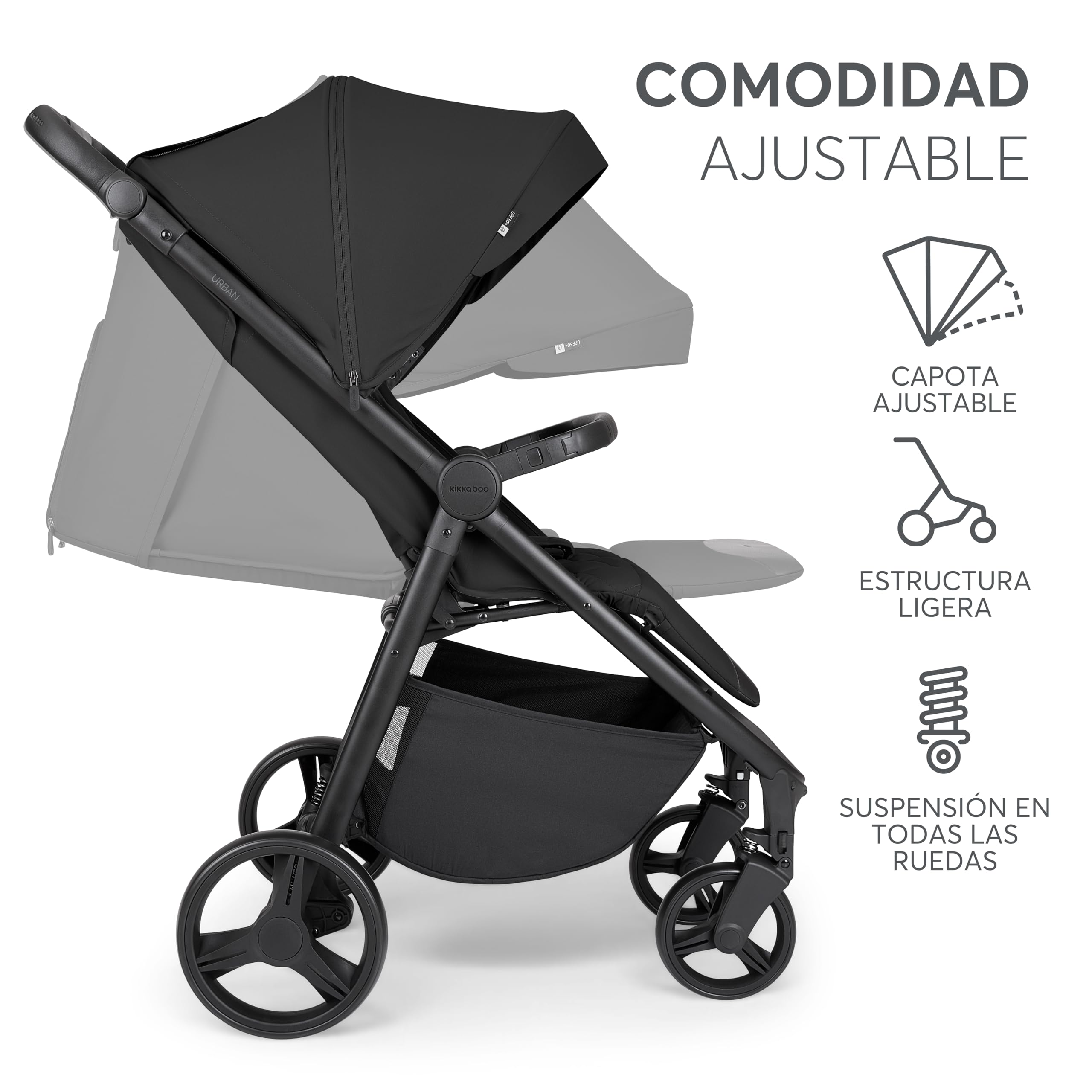 KikkaBoo Silla de Paseo Ligera URBAN, Carrito Bebe Desde Nacimiento Hasta 22 kg, Plegado con Una Mano, Compacto, Ruedas EVA Con Suspensión, Manillar Ajustable, Negro